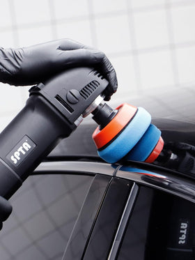 SPTA detailing setup with pads, compounds and drill showcasing a practical workflow