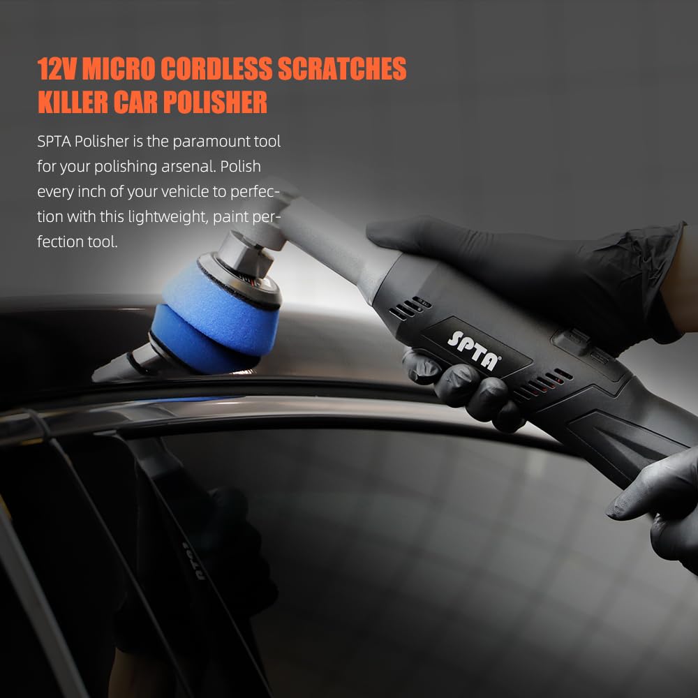 SPTA mini polisher in driveway lifestyle use showing on-the-go detailing benefit