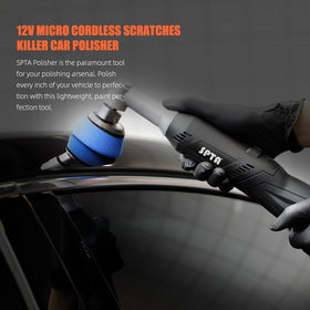 SPTA mini polisher in driveway lifestyle use showing on-the-go detailing benefit
