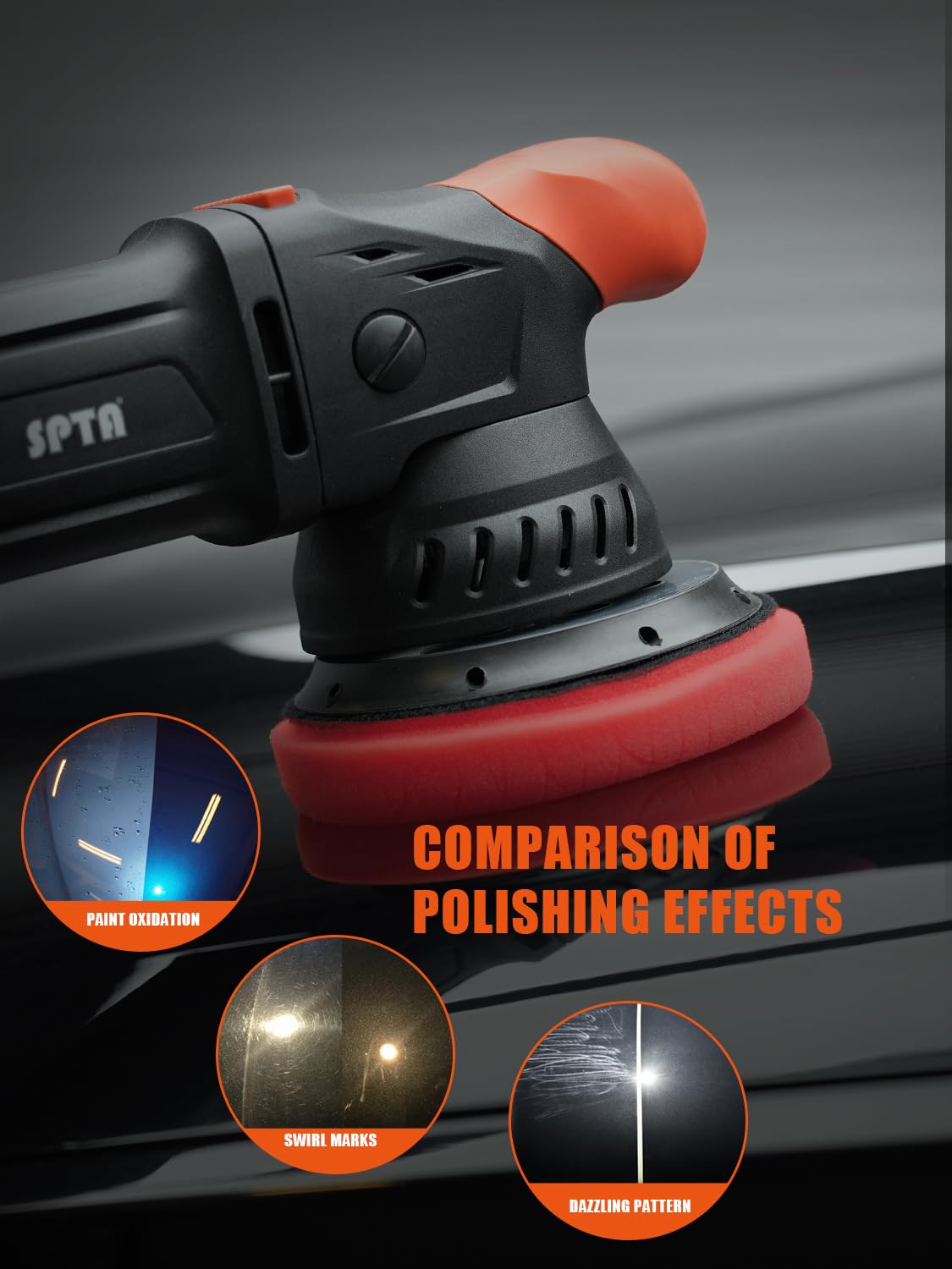 SPTA pads attached to a DA polisher being used to polish a car panel efficiently