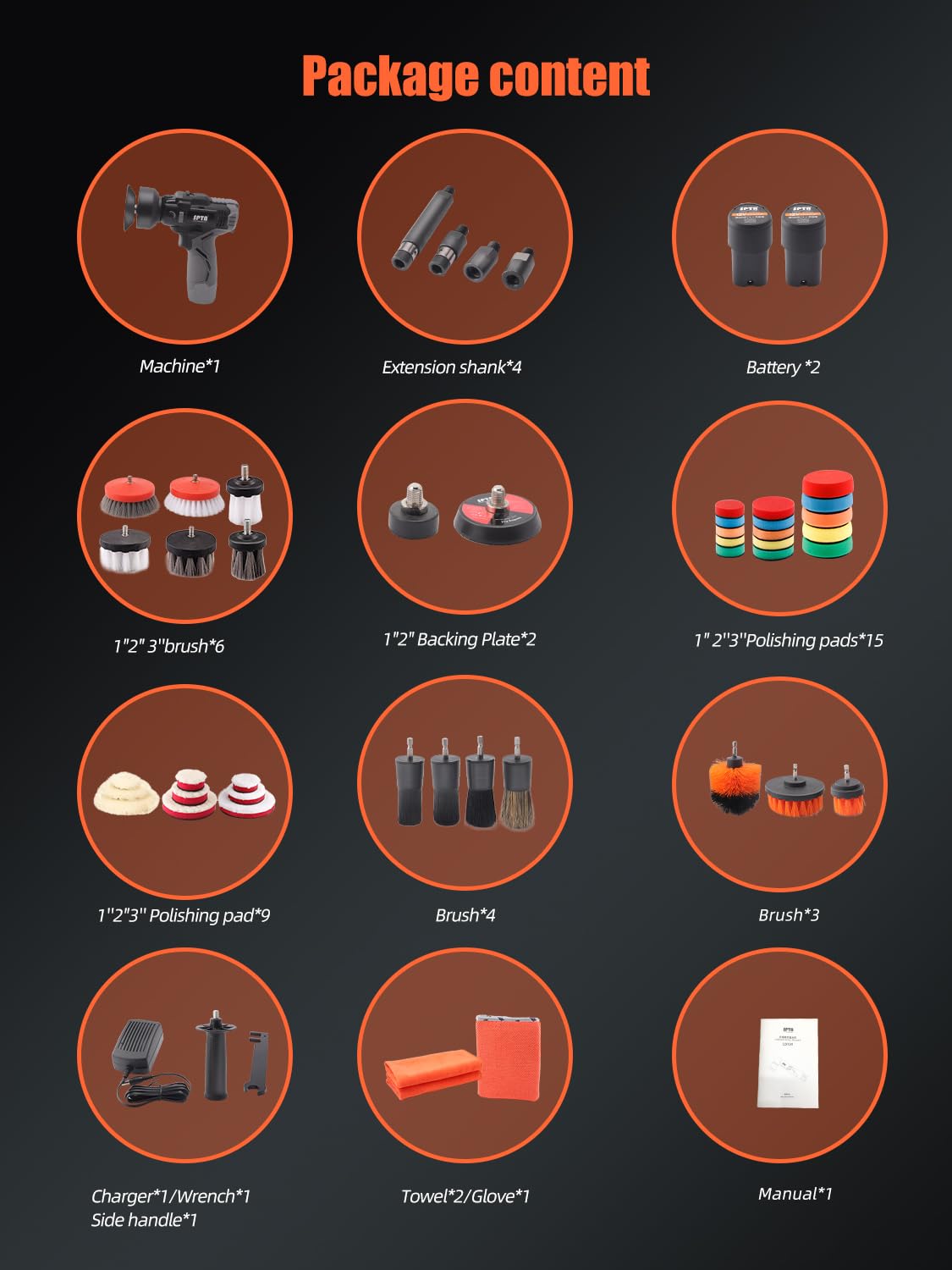 SPTA accessory layout with pads and backing plates for complete polishing versatility