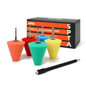 SPTA polishing cone pack front view showing five cones and drill shank benefit quick selection
