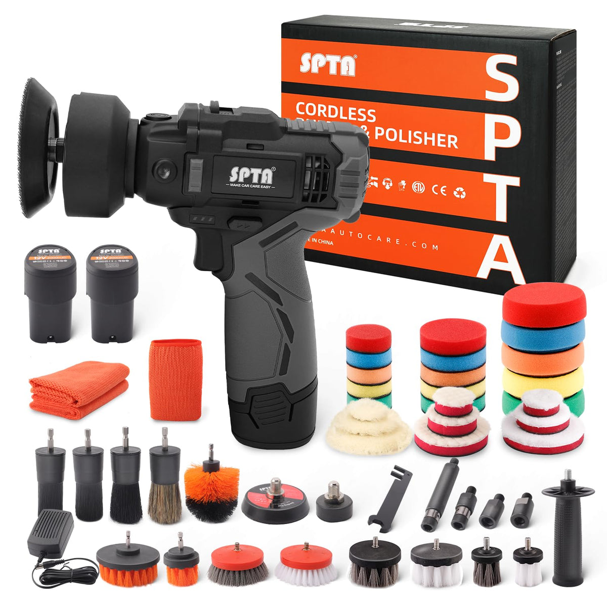 SPTA polisher front view showing ergonomic grip and compact design for comfortable use
