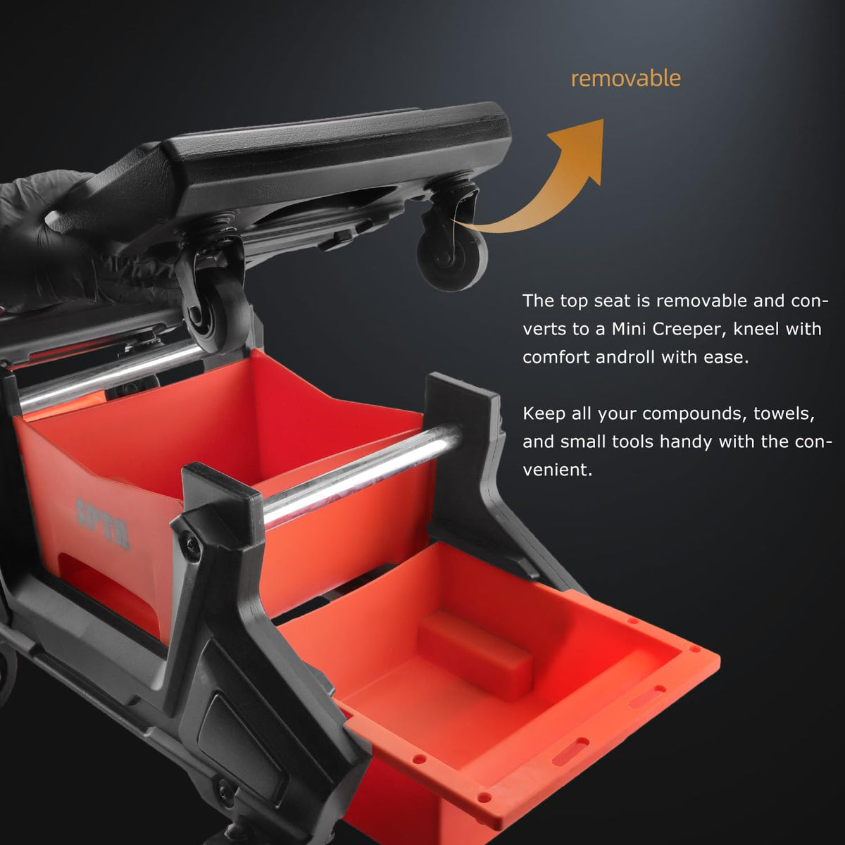 SPTA storage drawer open with tools inside, keeps parts organized and accessible