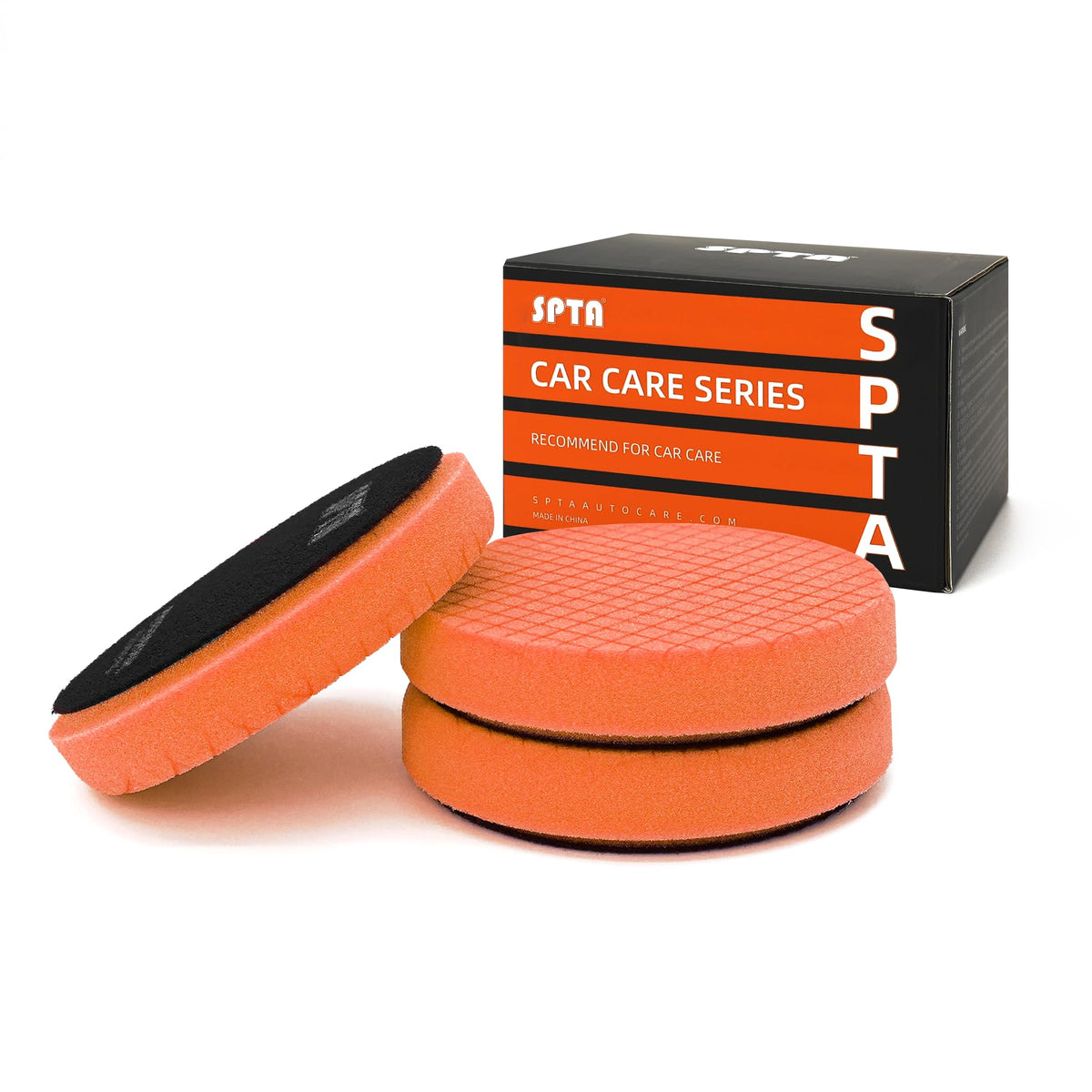 SPTA T40 front view showing three orange medium-cut pads and packaging benefit: ready-to-use kit