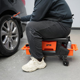 SPTA tray loaded with detailing tools and towels, organizes supplies for detailing