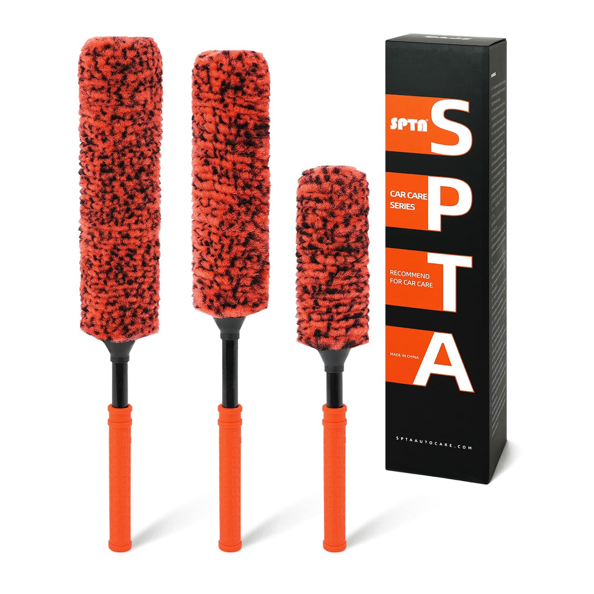 SPTA wheel brush front view showing three-piece set and cleaning benefit