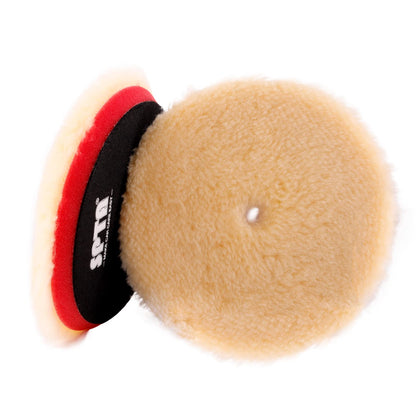 SPTA wool pad front view showing wool fibers and hook-and-loop backing for strong attachment