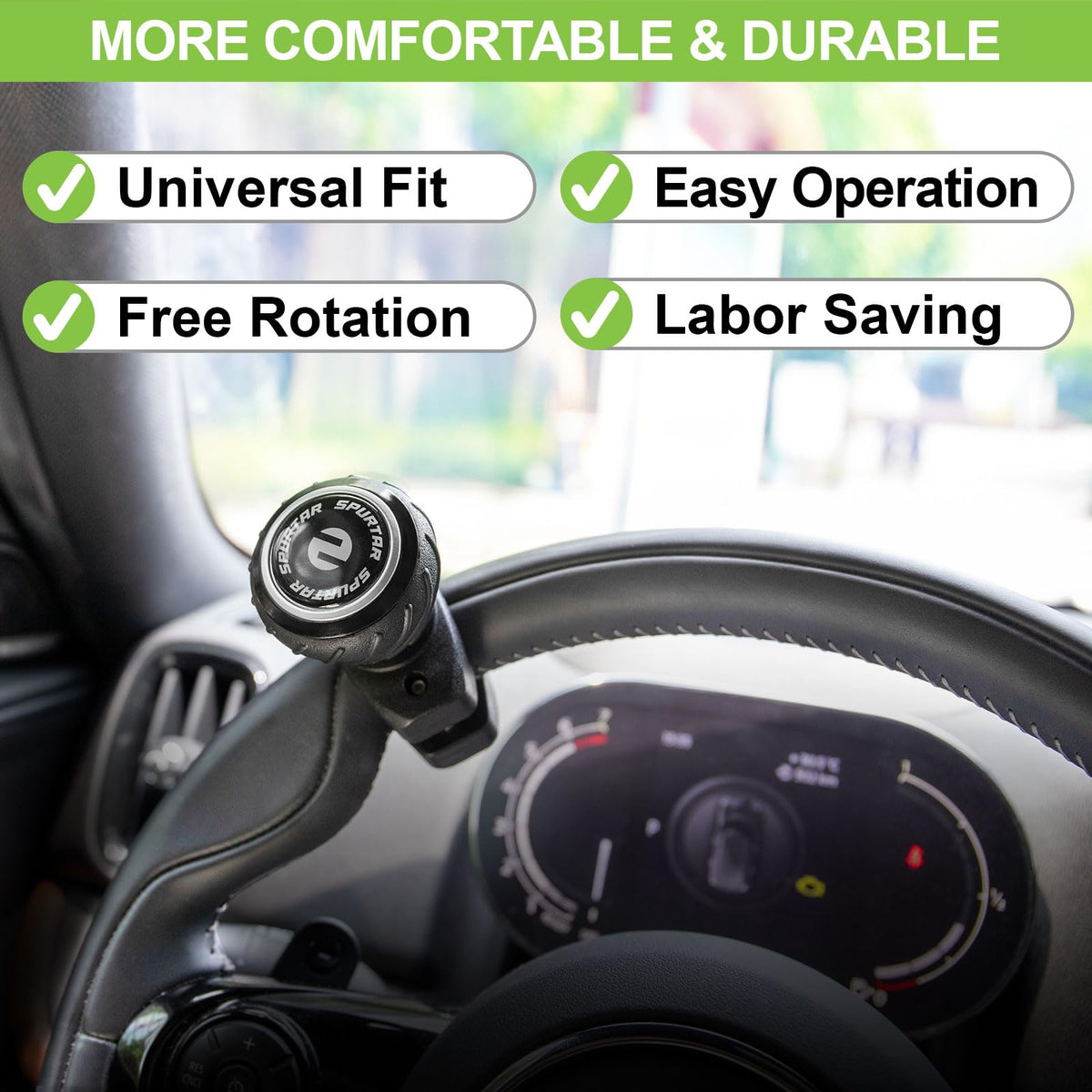 Spurtar knob installed in car demonstrating easier one-hand steering control