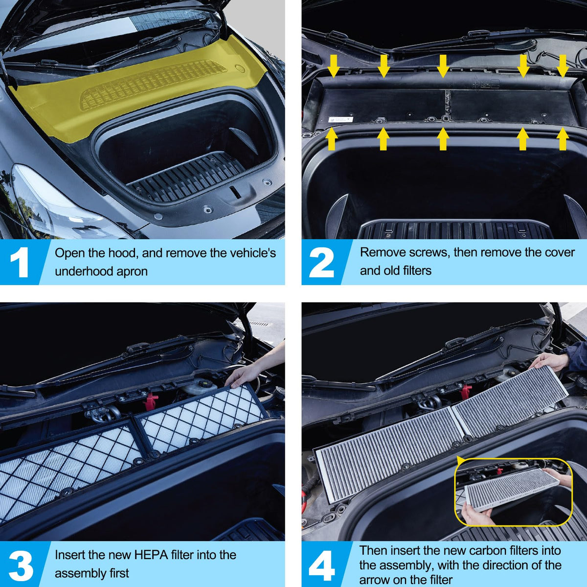 Spurtar filter installed in Tesla Model Y frunk demonstrating easy replacement