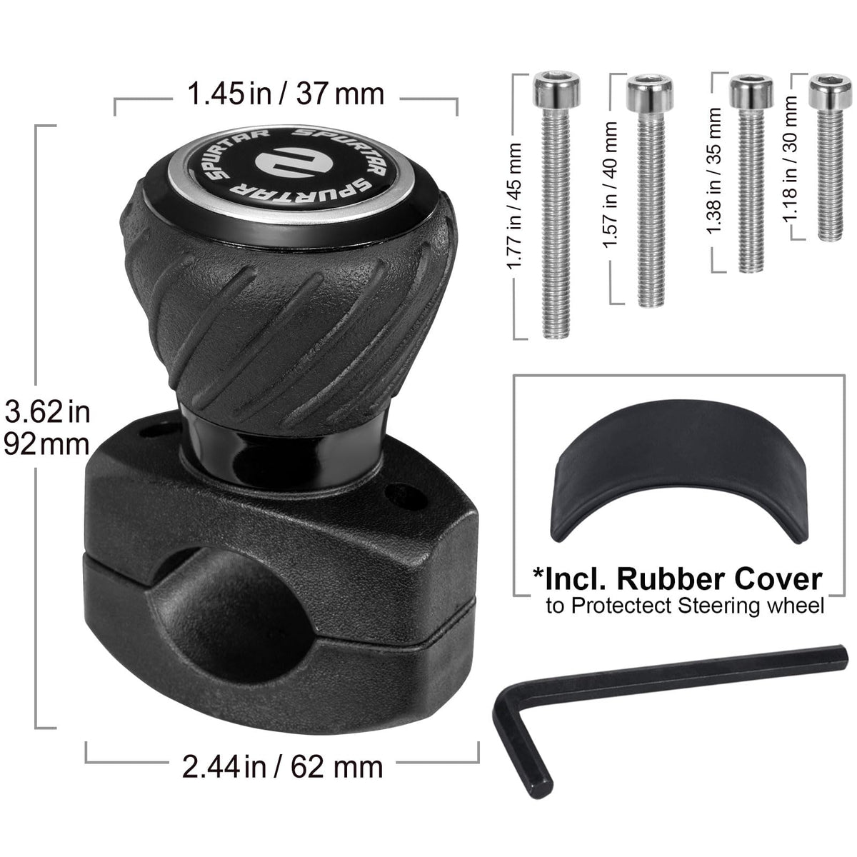 Spurtar knob fitted on tractor steering wheel showing heavy-vehicle compatibility