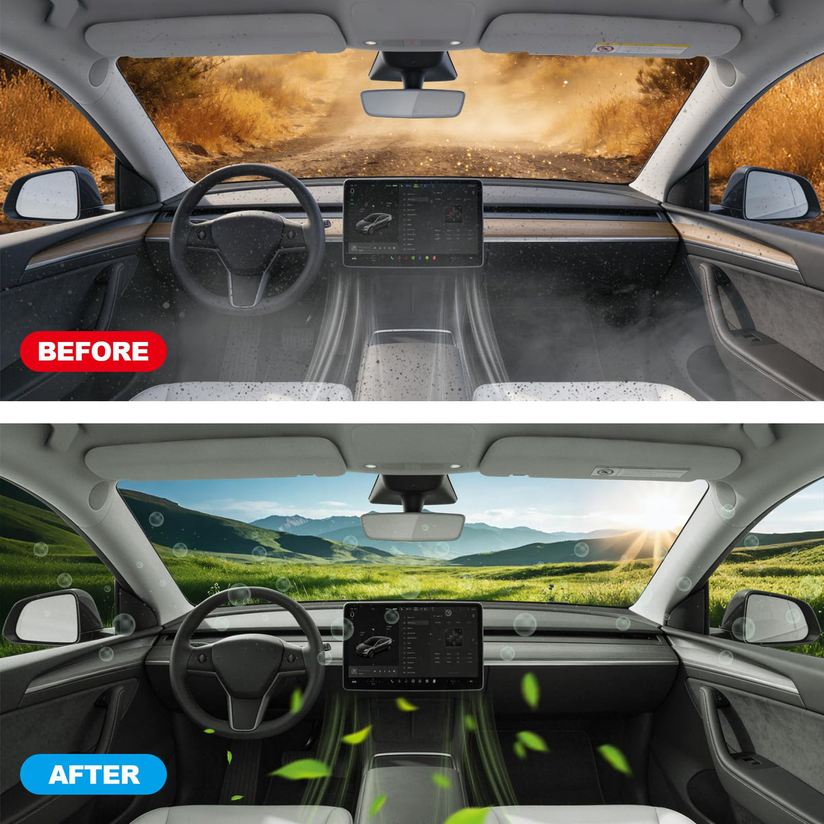 Spurtar filter in car interior scene conveying fresher cabin air benefit