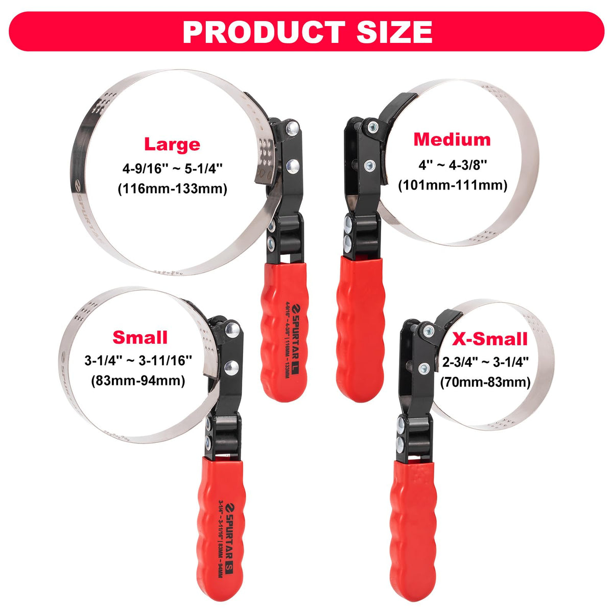 Spurtar laid-out tools displaying size range for many filter diameters
