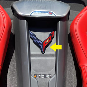SR1 Performance emblem mounted in C8 waterfall charging bay demonstrating exact fit and improved aesthetics