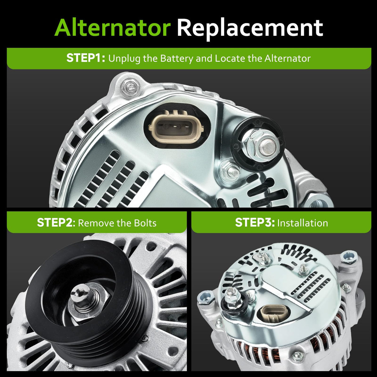 srosant alternator boxed with warranty card indicating included one-year coverage
