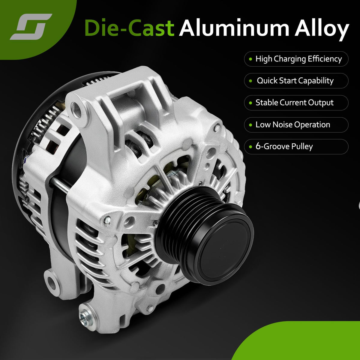 srosant alternator installed in engine bay illustrating direct-fit benefit
