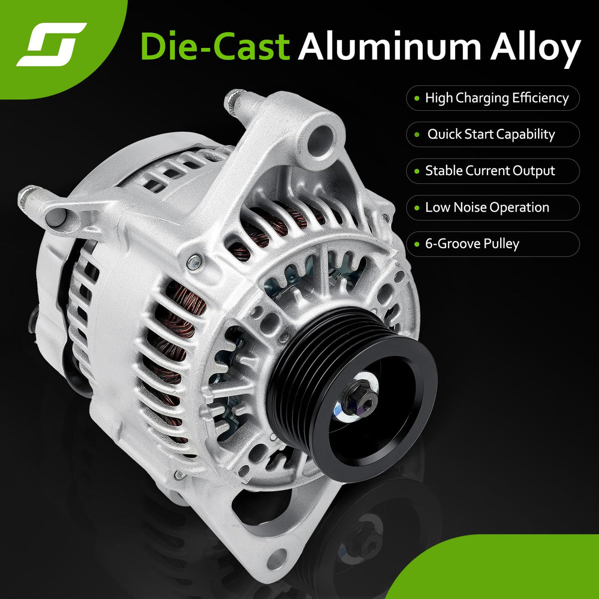 srosant alternator installed in Jeep engine bay demonstrating direct-fit replacement