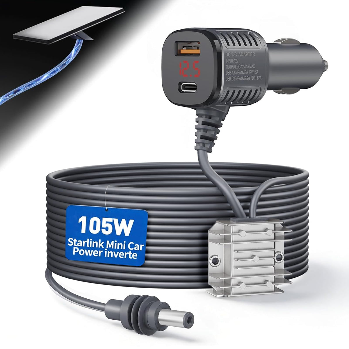 Srotime adapter front view showing plug and body, provides reliable Starlink Mini power