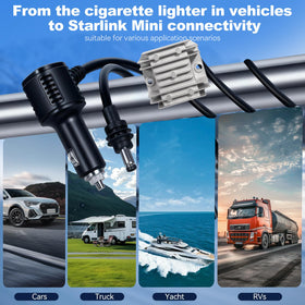 Srotime adapter installed inside car cigarette socket, keeps Starlink Mini online while driving