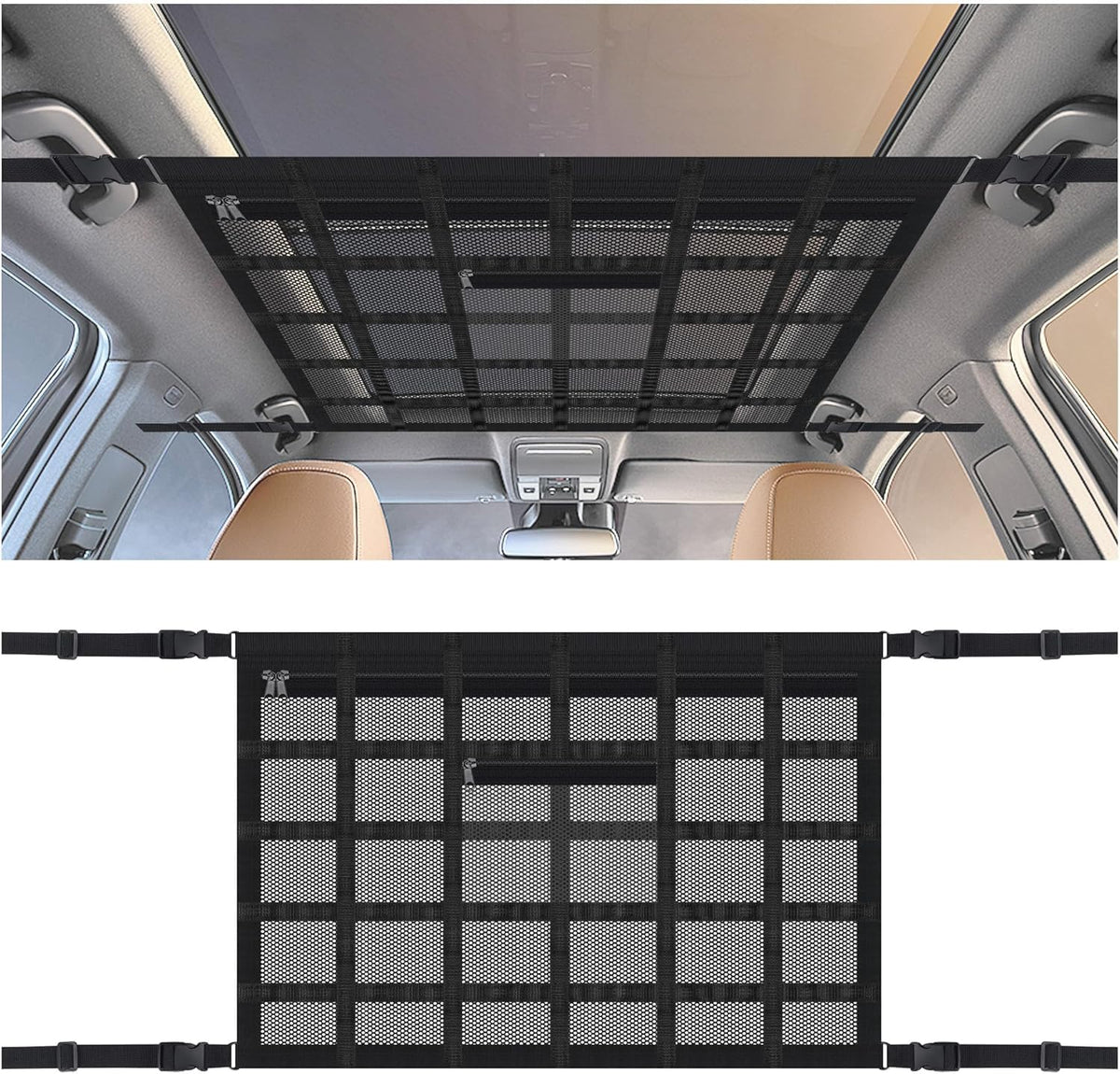 SSNNUU front view of ceiling cargo net showing full storage capacity and organization