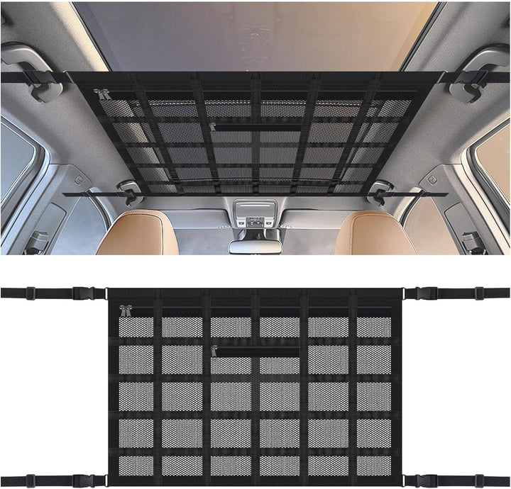 SSNNUU front view of ceiling cargo net showing full storage capacity and organization