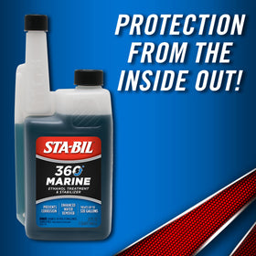 STA-BIL 360 bottle beside a marine engine illustrating treatment application