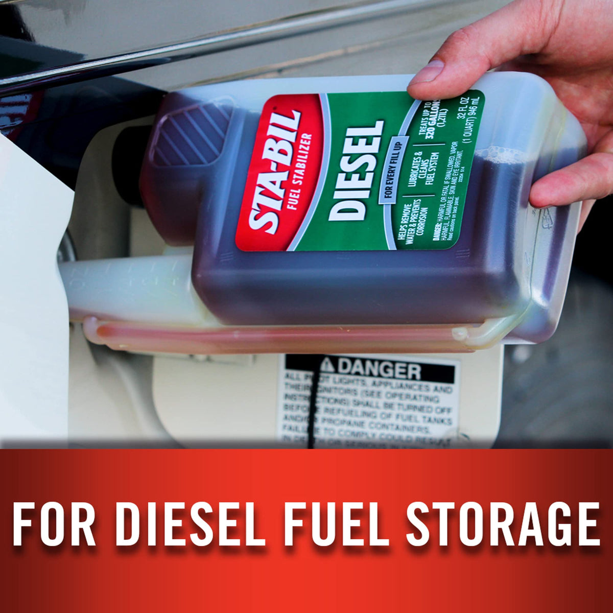 STA-BIL being poured into a fuel tank demonstrating easy application