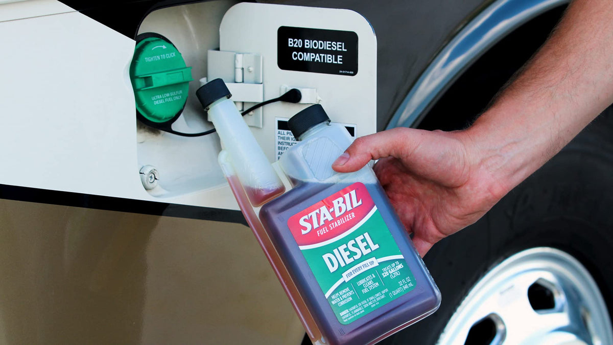 STA-BIL bottle stored on shelf indicating long-term stability and readiness