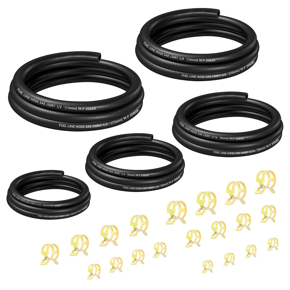 Stacool front view of full 5-piece fuel line kit highlighting hoses and clamps for easy installation