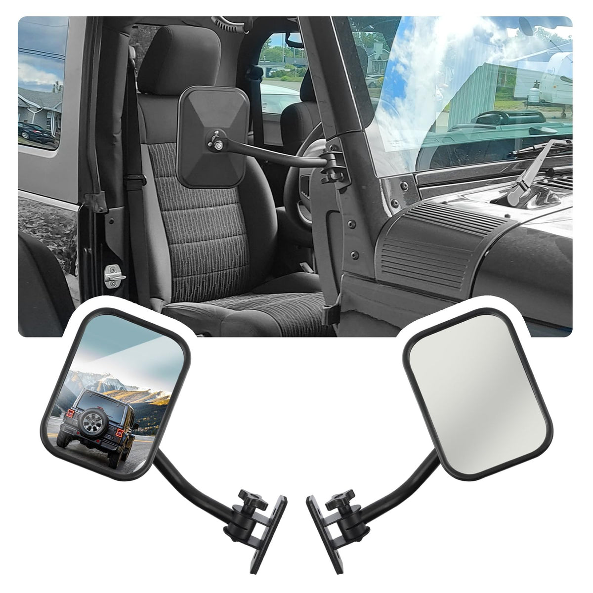 Stacool front view of both mirrors showing shape and mounting, improves visibility