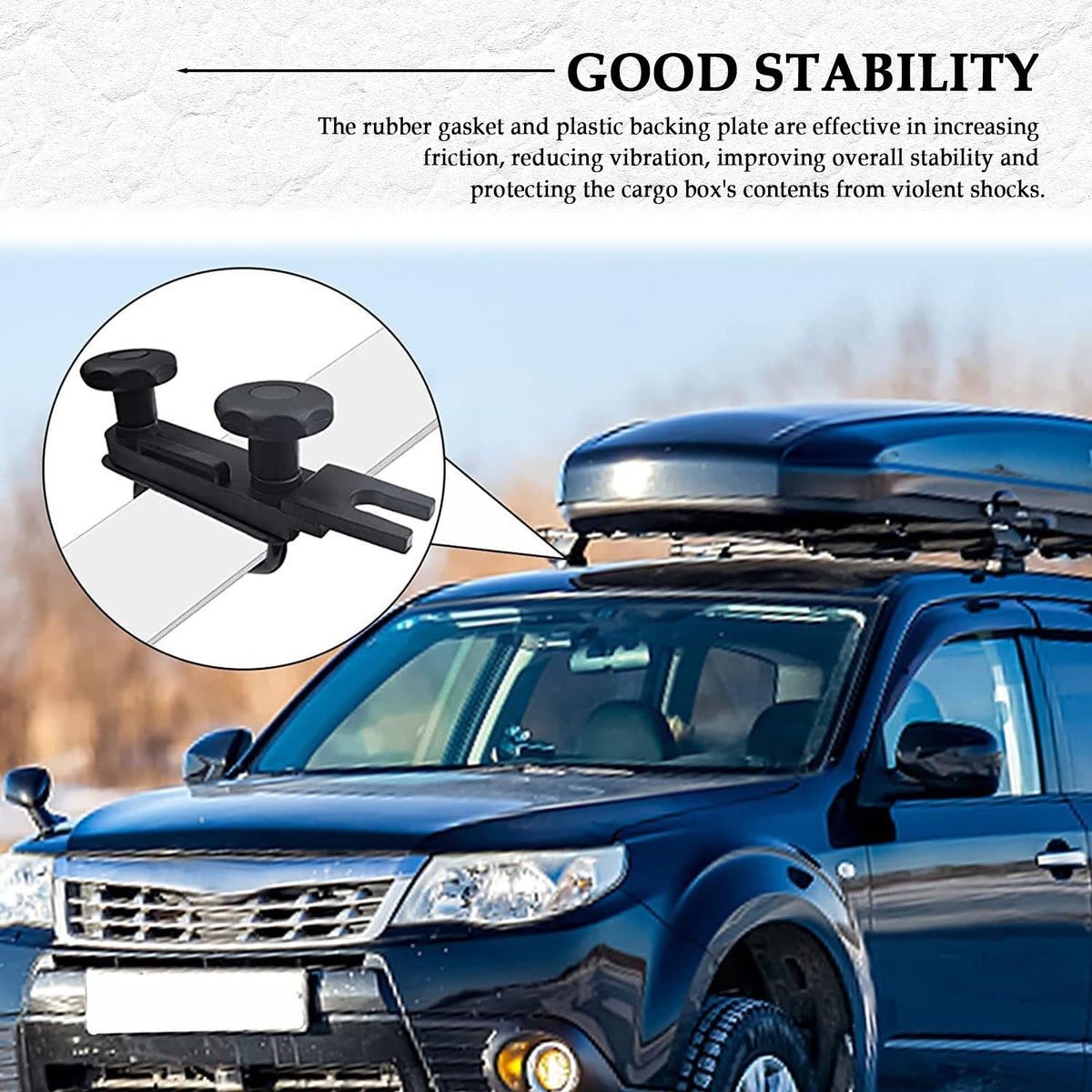 Stacool clamps installed on SUV crossbar demonstrating stable roof box mounting benefit