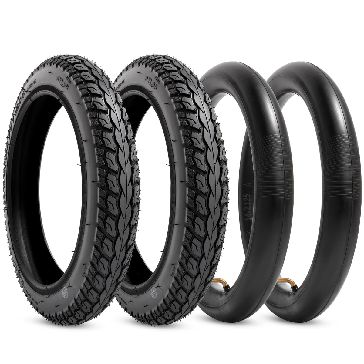 StaiBC front view of two 14x2.125 tires and tubes, durable replacement