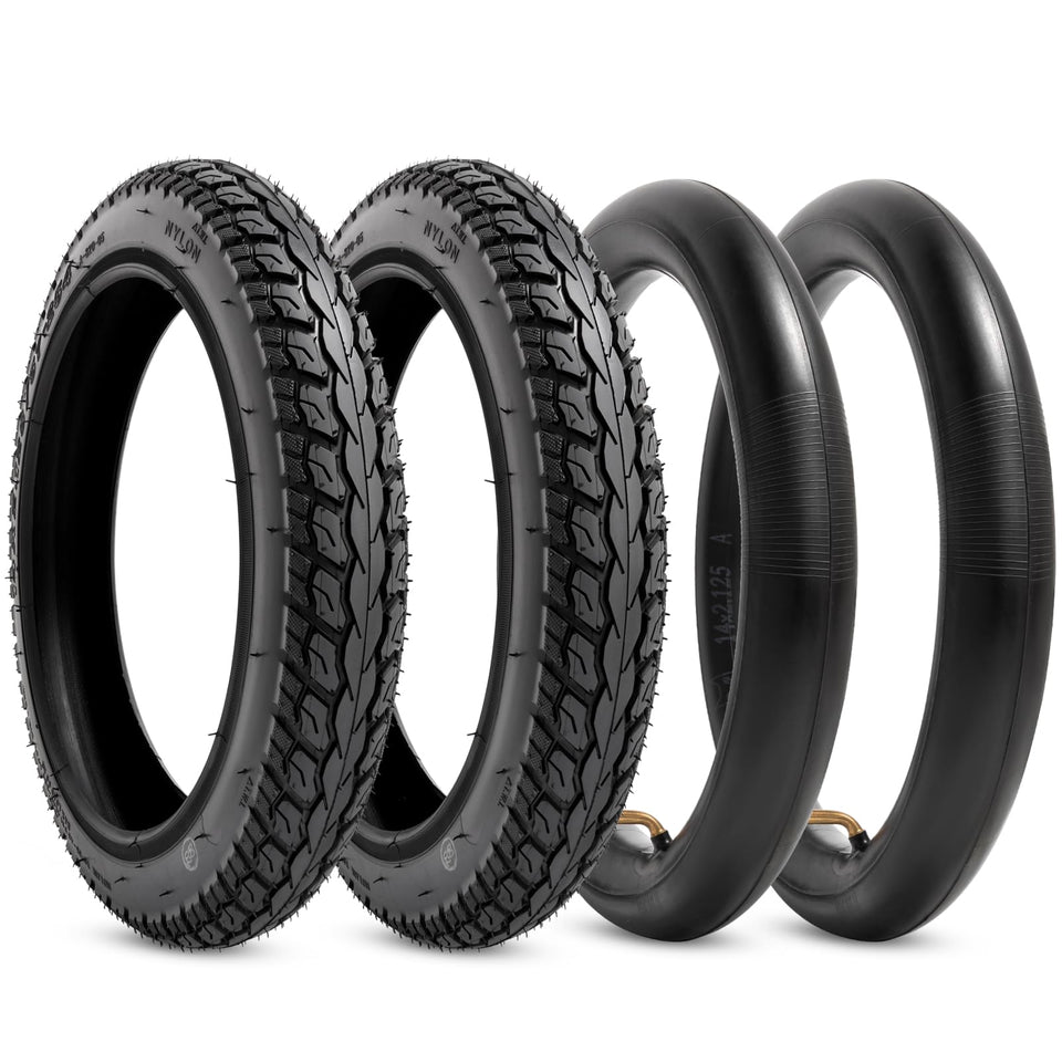 StaiBC front view of two 14x2.125 tires and tubes, durable replacement