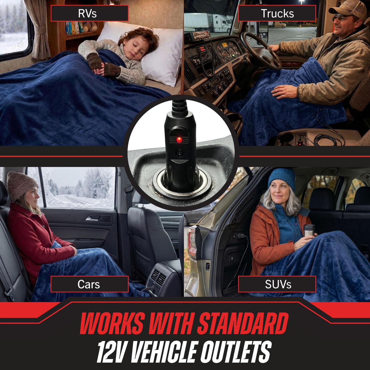 Stalwart blanket in use on front seat for cozy travel comfort