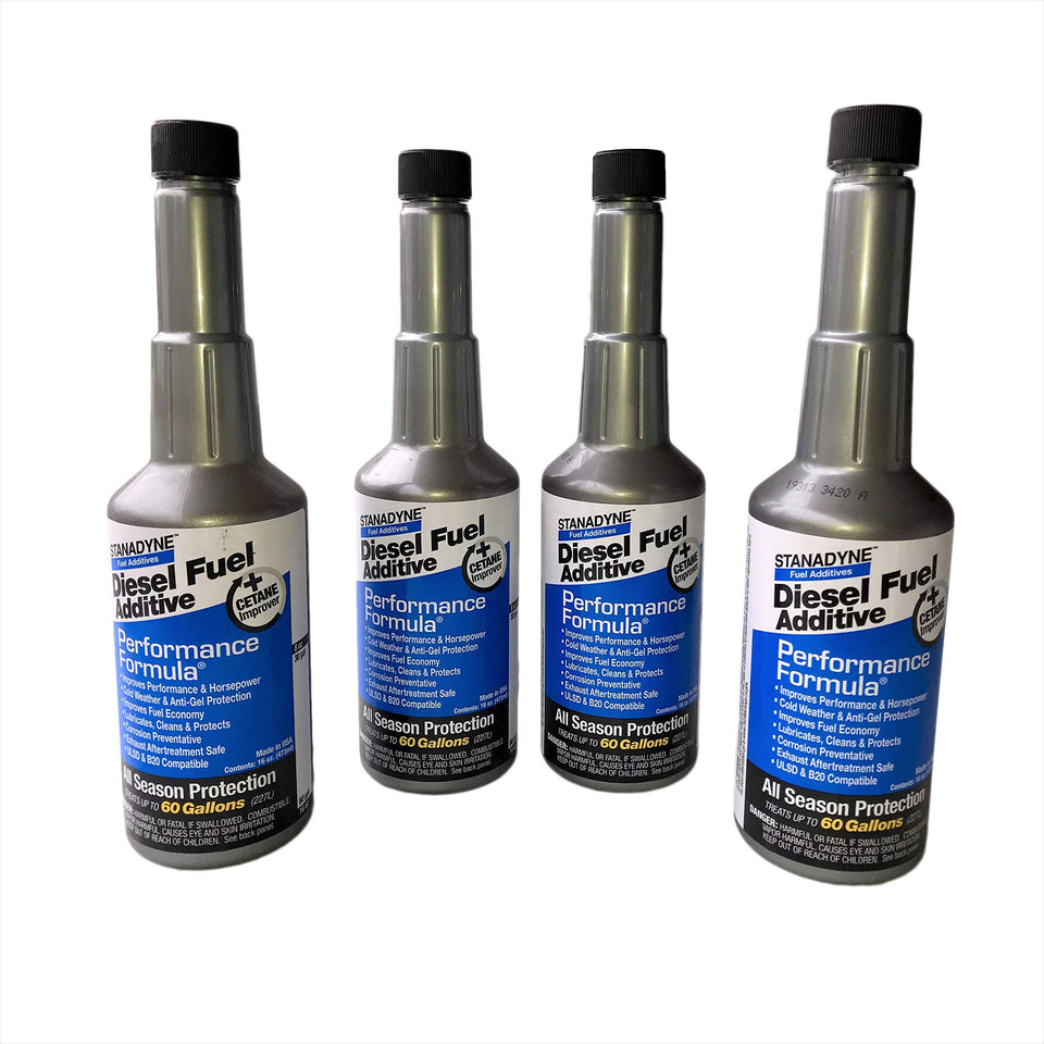 Stanadyne front pack showing four pint bottles and clear treatment benefits