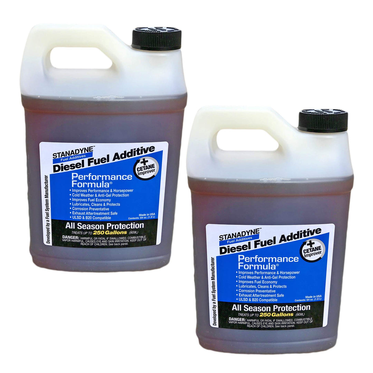 Stanadyne front packaging showing two jugs and coverage benefits