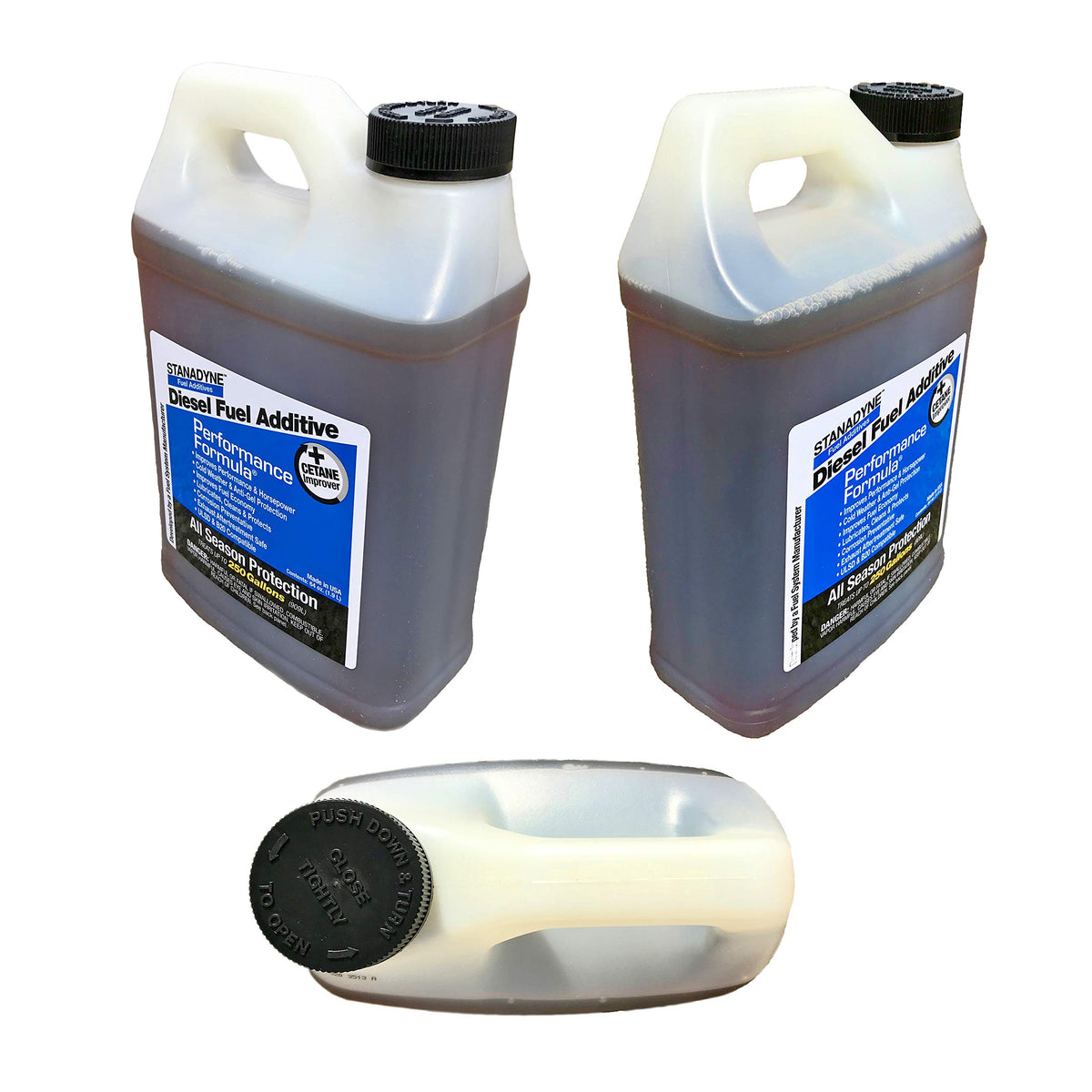 Stanadyne next to a gallon container showing jug size and value