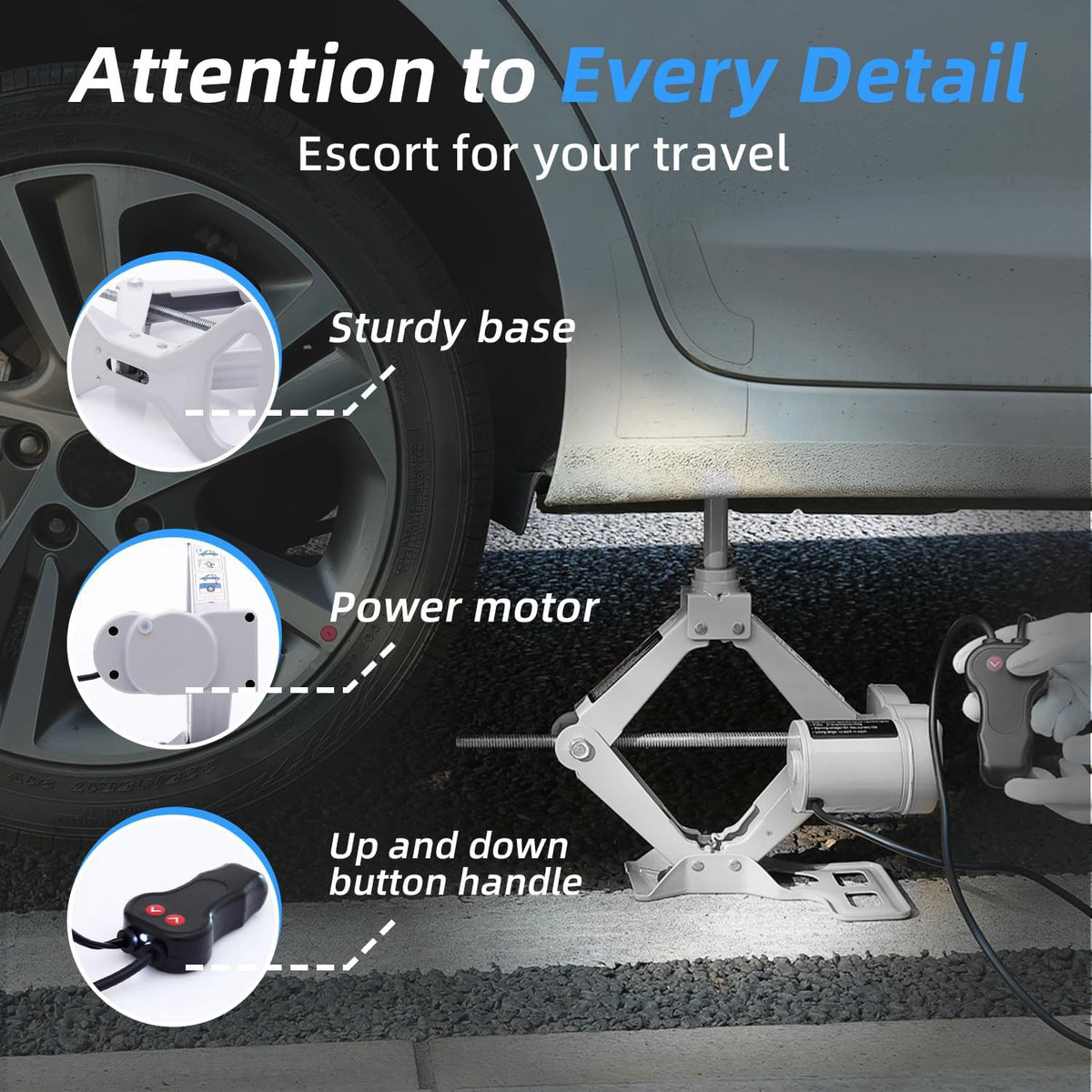 STANDTALL jack lifting vehicle during tire change showing effortless remote operation benefit