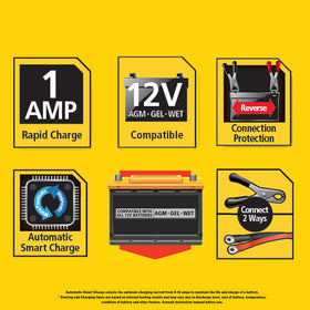 STANLEY BM1S attached to a motorcycle battery demonstrating safe maintenance charging