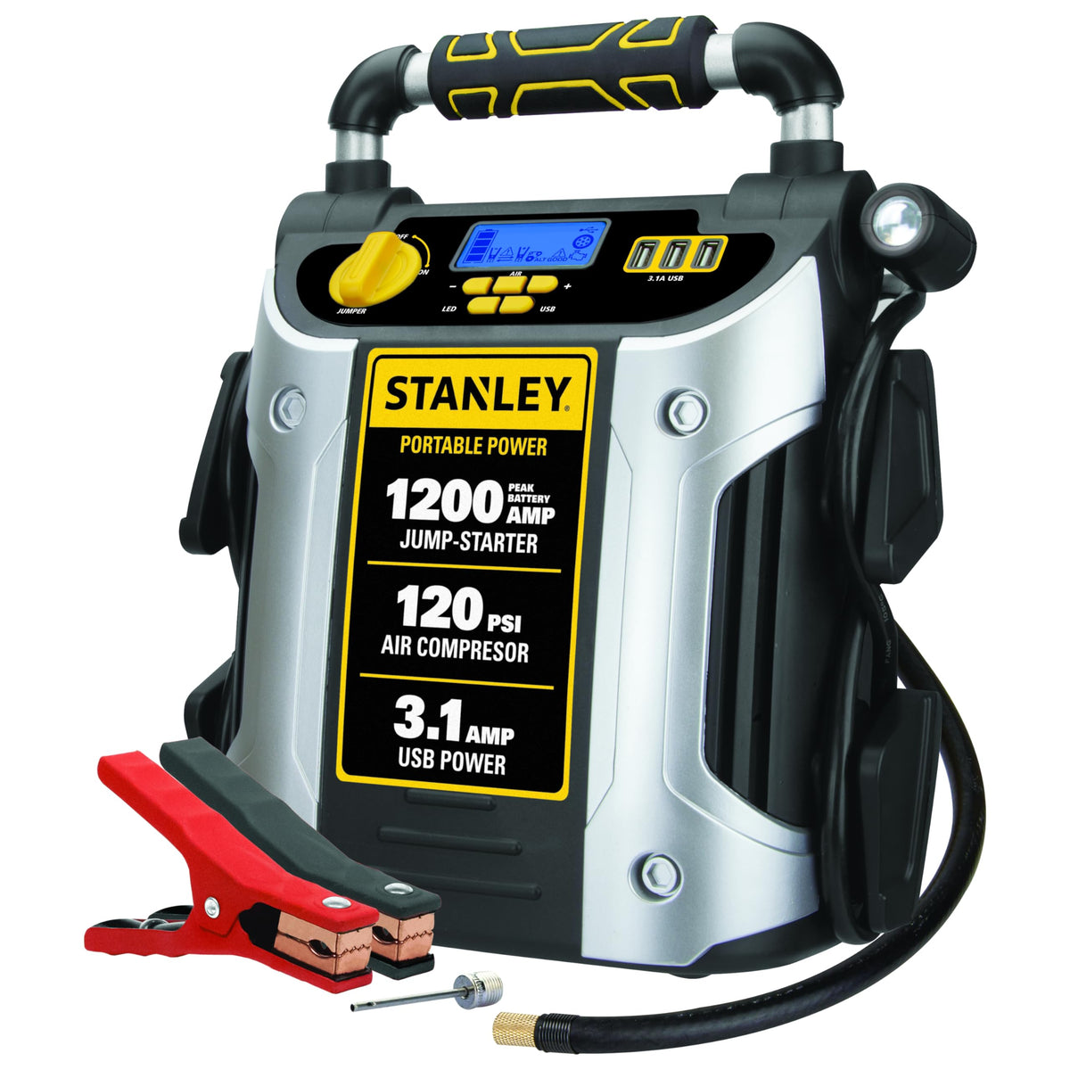 STANLEY front view of jump starter showing ports and controls, reliable roadside power
