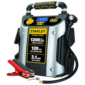 STANLEY front view of jump starter showing ports and controls, reliable roadside power