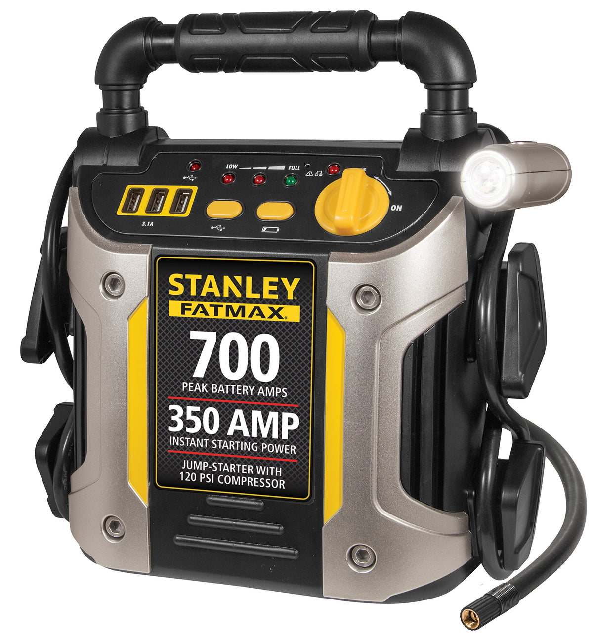 STANLEY front view showing compact jump starter and handles for easy storage