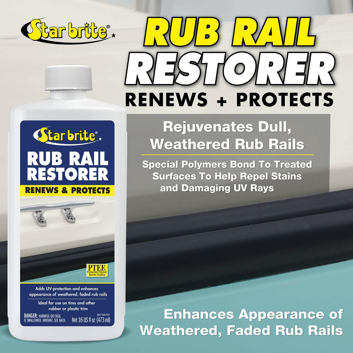 STAR BRITE spray being applied to boat rub rail demonstrating quick, even restoration