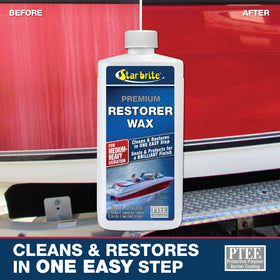 STAR BRITE being applied with buffer on colored fiberglass hull for efficiency