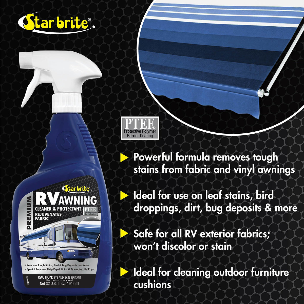 STAR BRITE cleaner being sprayed on RV awning demonstrating easy maintenance
