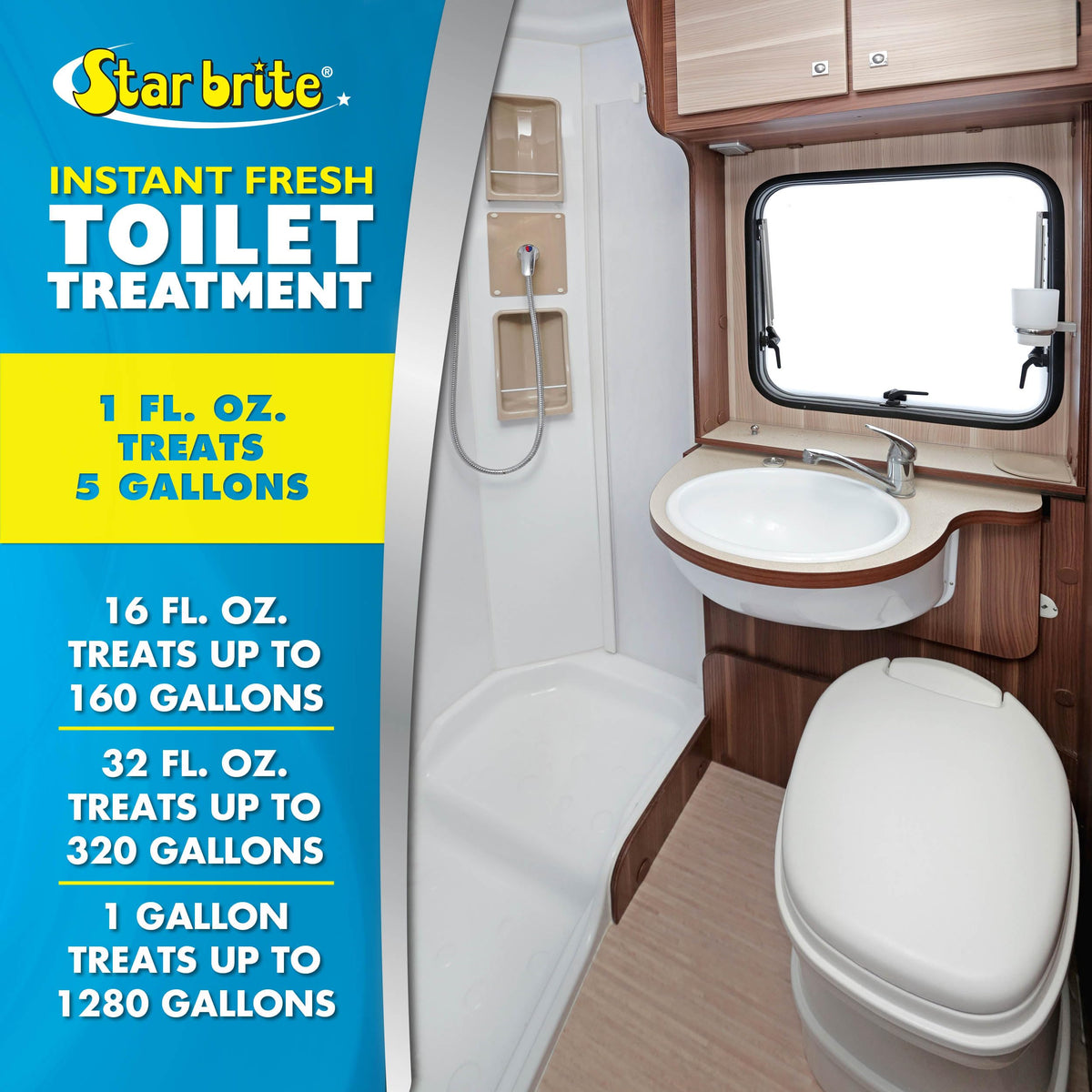 STAR BRITE being poured into an RV toilet demonstrating easy use and valve protection
