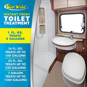 STAR BRITE being poured into an RV toilet demonstrating easy use and valve protection