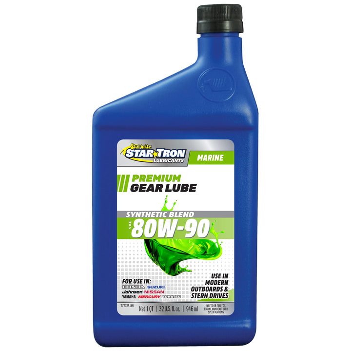 STAR BRITE bottle front label showing marine-grade 80W-90 and specs, clear identification benefit