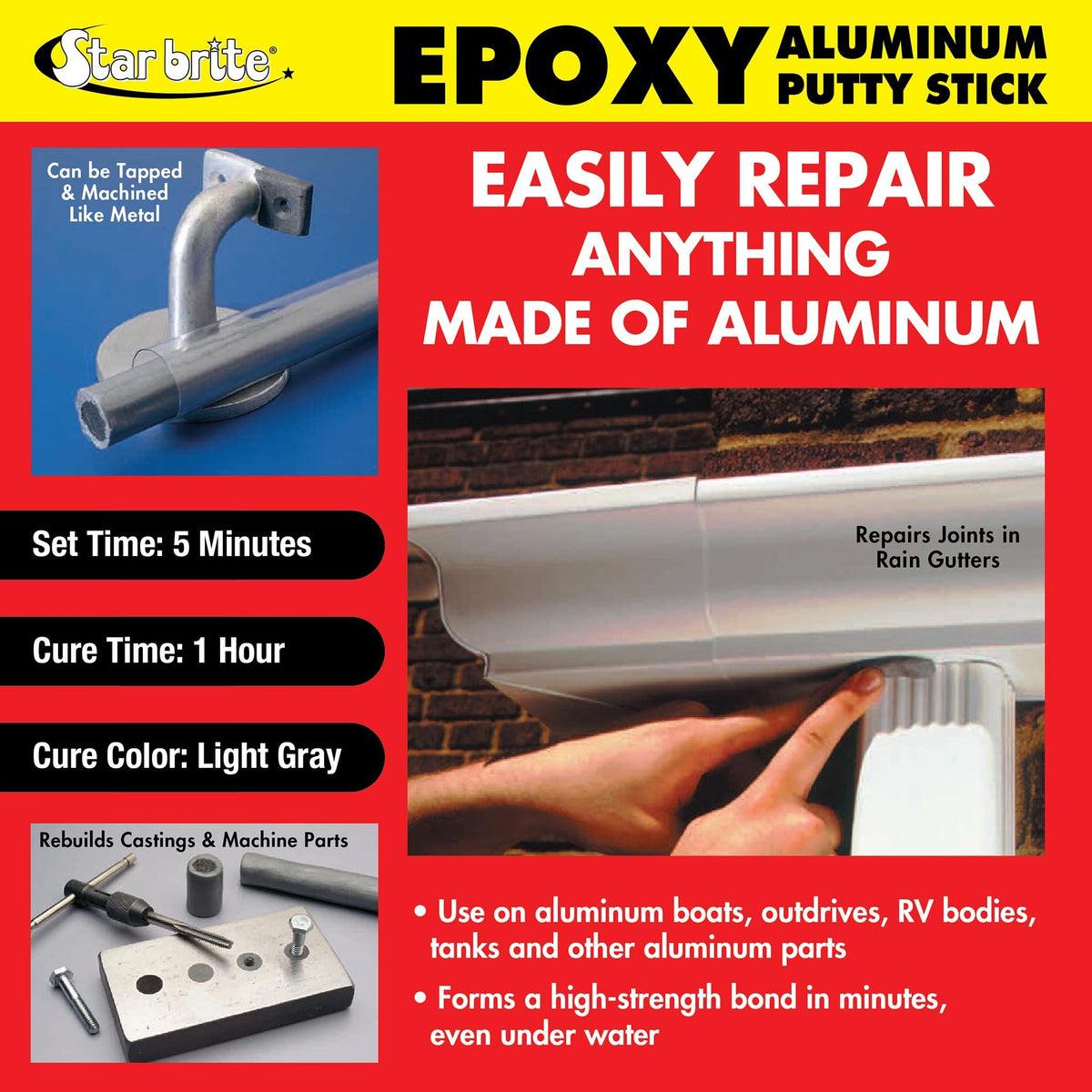 STAR BRITE putty applied to submerged aluminum showing waterproof emergency repair