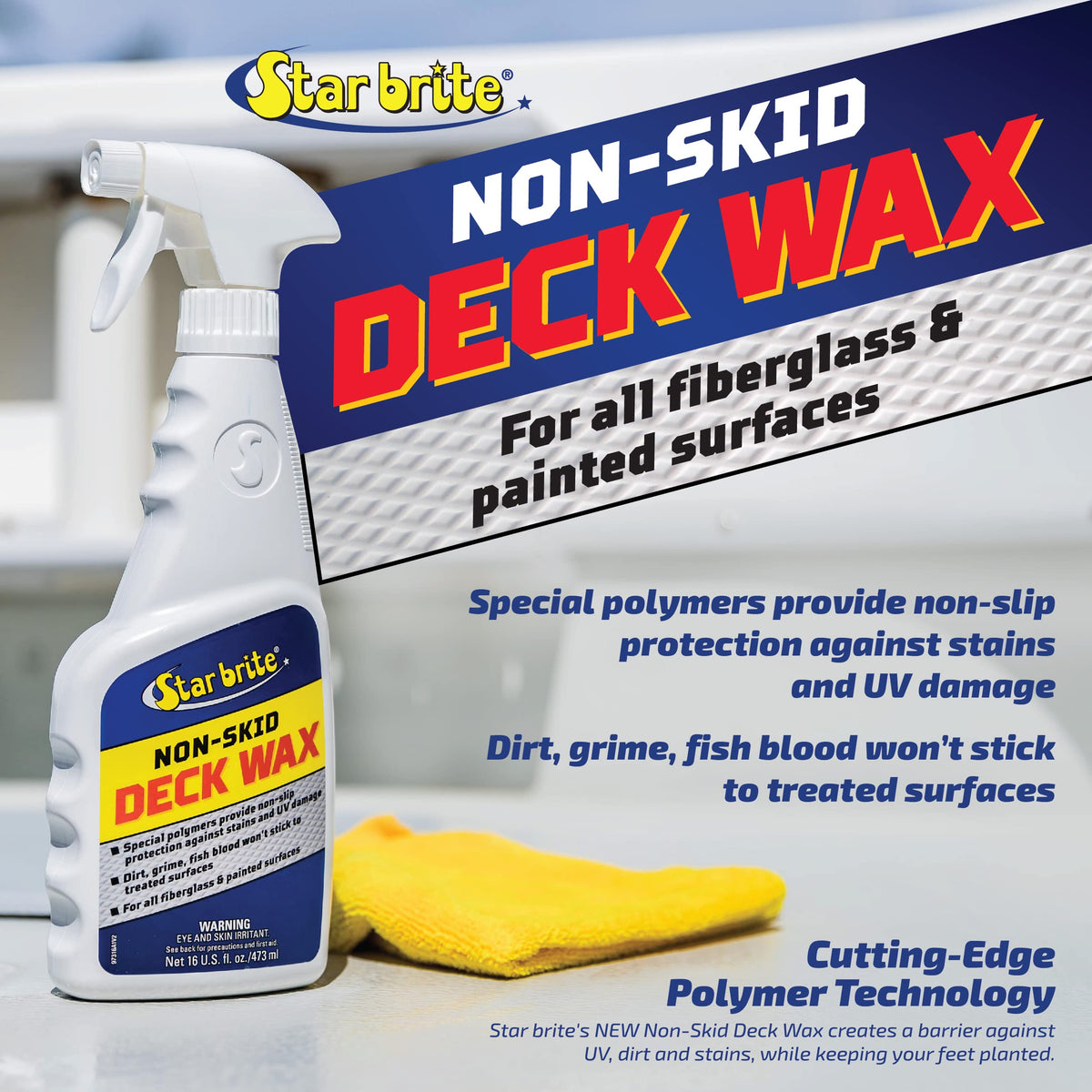 STAR BRITE spray action applying wax to a fiberglass deck for quick coverage